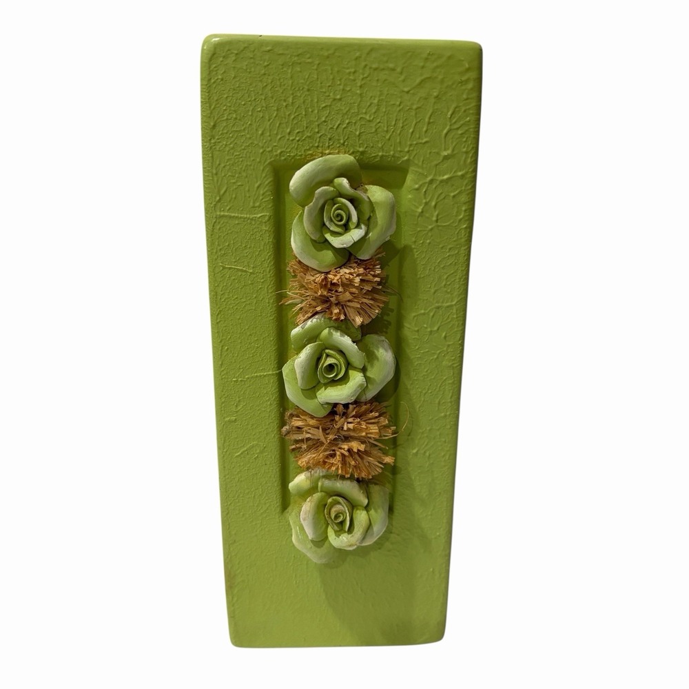 vintage light green rectangle planter Vase Stucco 8" Inch Tall MCM